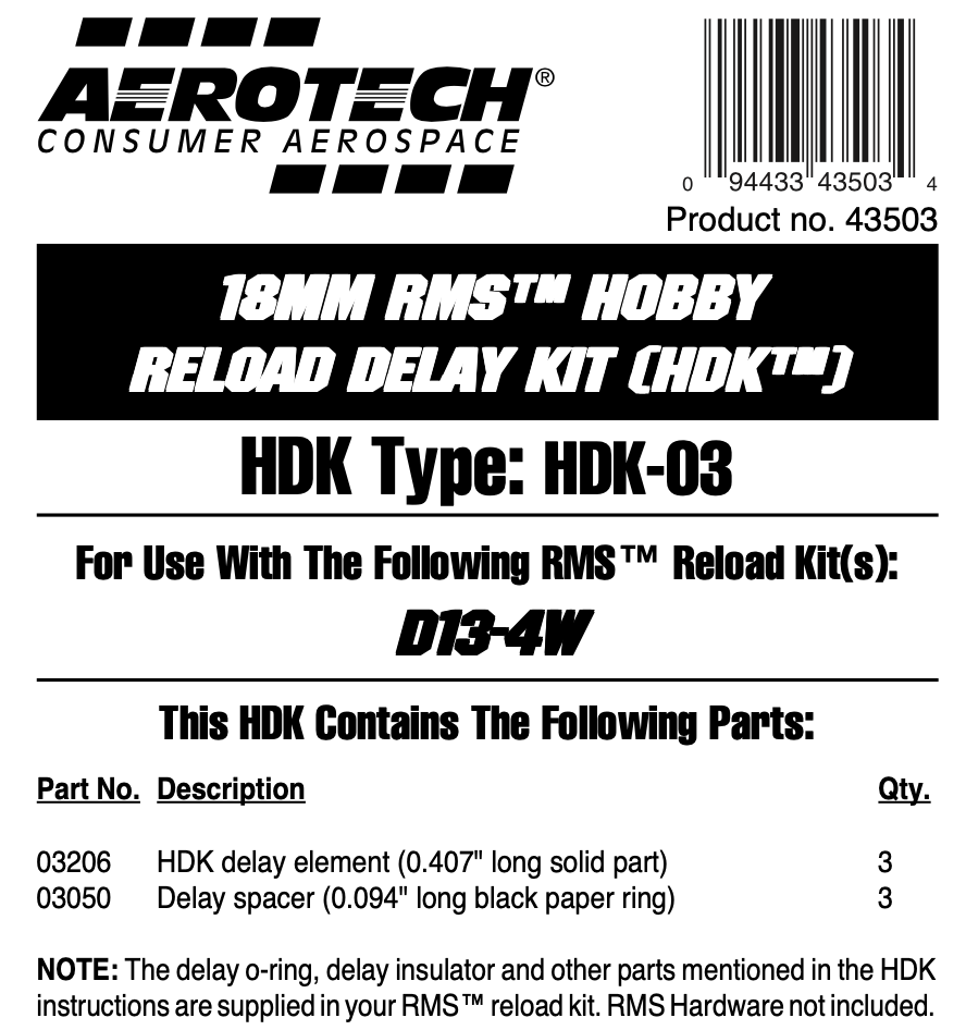 ricoページ AeroTech HDK-03 RMS-18/20 Hobby Delay Kit (3-Pack) - 43503