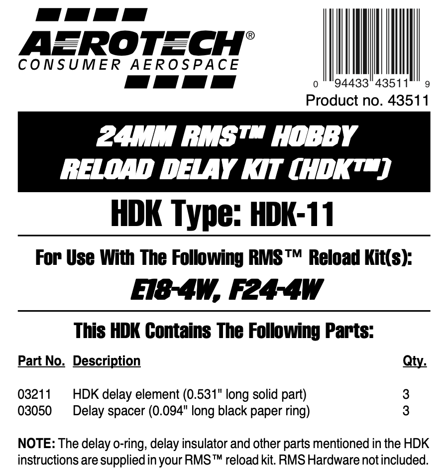 AeroTech HDK11 RMS24/40 Hobby Delay Kit (3Pack) 43511 AeroTech/Quest Division, RCS Rocket