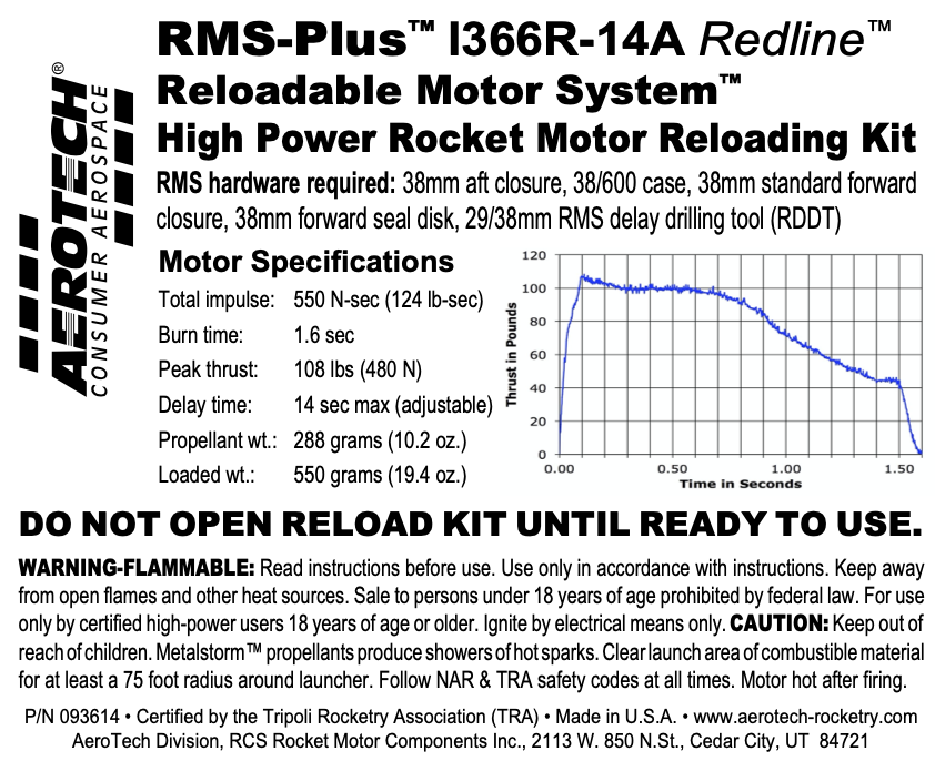 Rakutaoページ AeroTech I366R-14A RMS-38/600 Reload Kit (1 Pack) - 093614