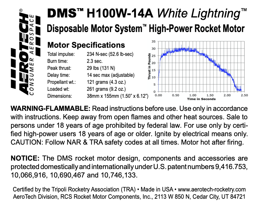 AeroTech H100W-14A 38mm x 155mm Single Use DMS 1-Motor Kit