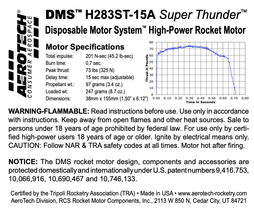 AeroTech H283ST15A 38mm x 155mm Single Use DMS 1Motor Kit 082814