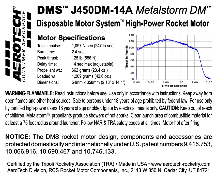 AeroTech J450DM-14A 54mm x 358mm Single Use DMS 1-Motor Kit