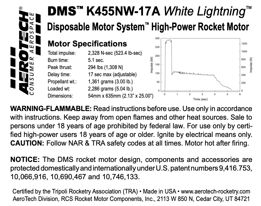 AeroTech K455NW-17A 54mm x 635mm Single Use DMS 1-Motor Kit