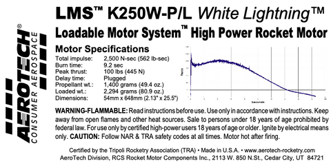 AeroTech K250W-PS 54mm x 673mm Single Use LMS 1-Motor Kit - 11250P