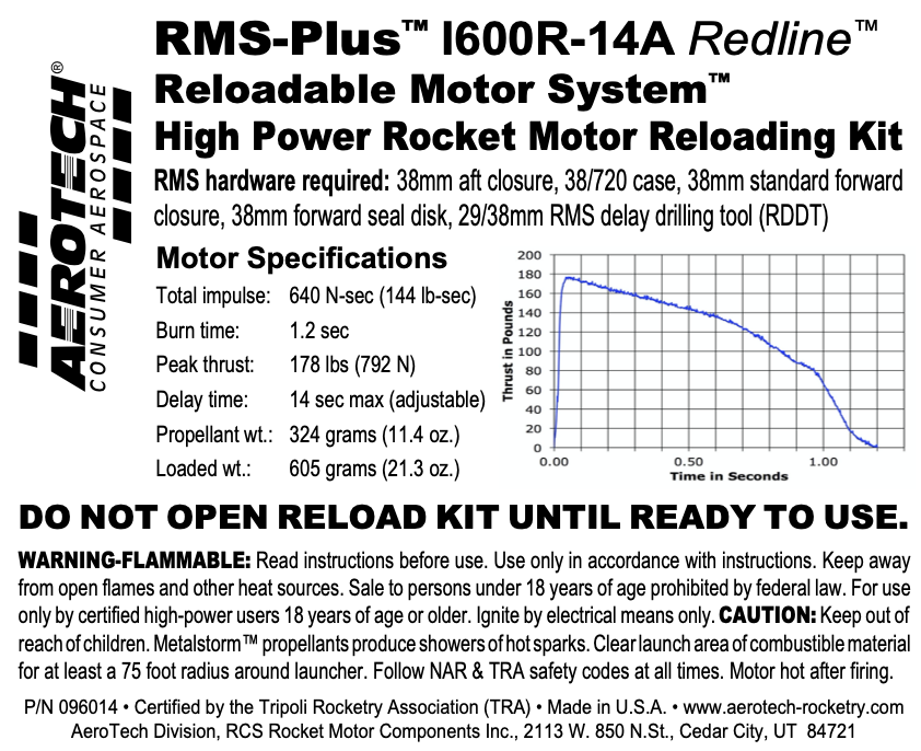 Loading A Rms Motor AeroTech I600R-14A RMS-38/720 Reload Kit (1 Pack) - 096014 – AeroTech ...