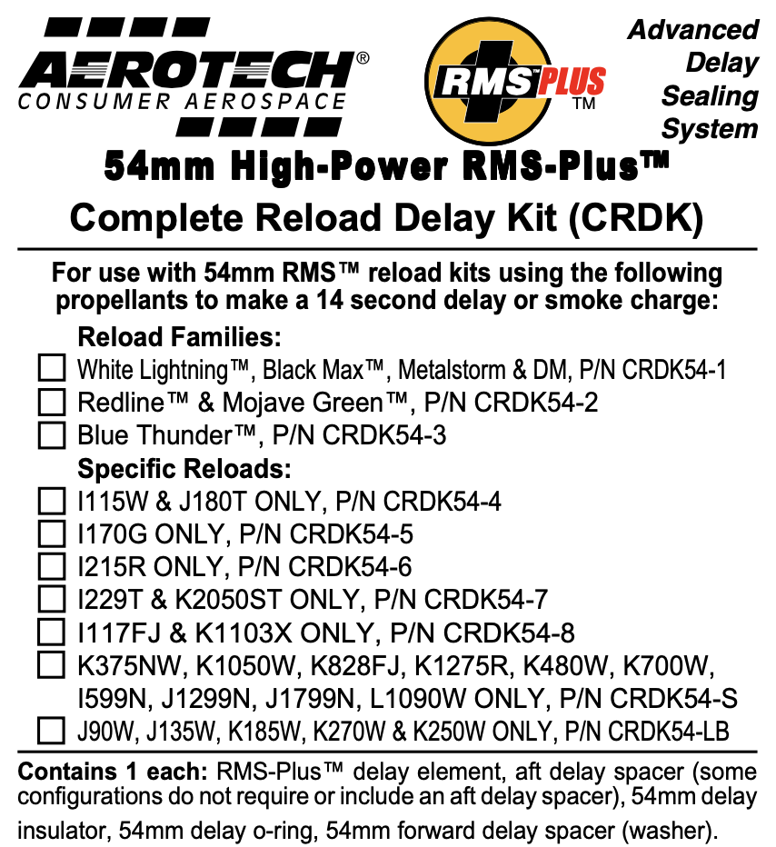 Reloadable Motor Systems Rms AeroTech RMS-54 Blue Thunder Complete Reload Delay Kit - CRDK54-03 ...